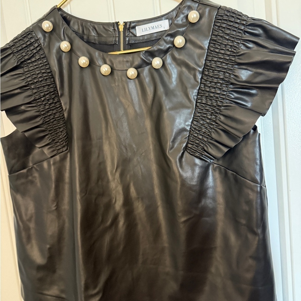 Lilly Mae’s Pearl detail faux leather ruffle sleeve sheath blouse - Picture 9 of 10